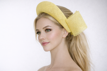 Load image into Gallery viewer, Light Yellow Sinamay Halo Headband Fascinator – Back Bow Wedding Race Hat "Katie"