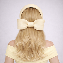 Load image into Gallery viewer, Butter Yellow Sinamay Bow Headband Fascinator with Back Bow "Cherry"