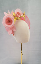 Load image into Gallery viewer, Coral Orange Fascinator Headband, Peachy Pink Silk Rose Flower Leather Gold Leaf,