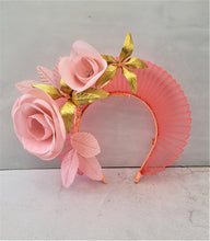 Load image into Gallery viewer, Coral Orange Fascinator Headband, Peachy Pink Silk Rose Flower Leather Gold Leaf,