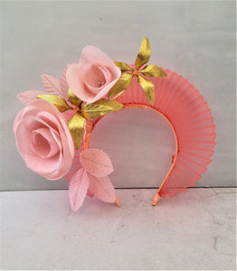 Coral Orange Fascinator Headband, Peachy Pink Silk Rose Flower Leather Gold Leaf,