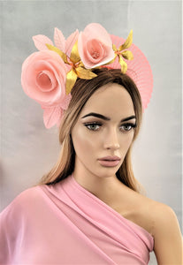 Coral Orange Fascinator Headband, Peachy Pink Silk Rose Flower Leather Gold Leaf,