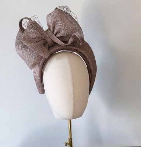 Dark Nude Beige Fascinator with Big Bow and Netting on Ivory Headband – Races & Occasion Headpiece