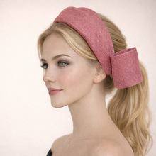 Load image into Gallery viewer, Dusky Blush Pink Bow Fascinator Headband | Ridged Sinamay Halo with Back Bow "Cherry"