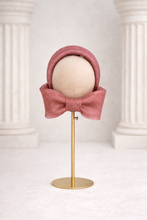 Load image into Gallery viewer, Dusky Blush Pink Bow Fascinator Headband | Ridged Sinamay Halo with Back Bow "Cherry"