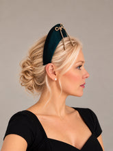Load image into Gallery viewer, Dark Green Velvet Halo Headband with Champagne Diamante Bow