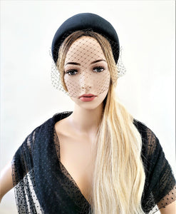 Black Velvet Halo Crown Headband, lightweight Fascinator, 8 cms Wide Wedding Headpiece Races, optional veil