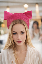 Load image into Gallery viewer, Pink Satin Bow Headband Fascinator, on a Sinamay Halo Base, with tails