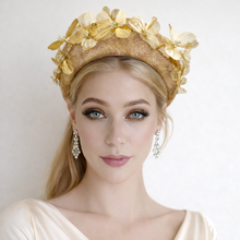 Load image into Gallery viewer, Leopard Animal Print Halo Fascinator Headband with Gold Floral Detail