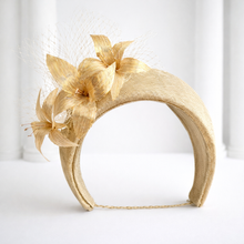 Load image into Gallery viewer, Gold Silk Abaca Lily Fascinator Headband – 4 Inch Wedding &amp; Races Hat