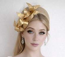 Load image into Gallery viewer, Gold Silk Abaca Lily Fascinator Headband – 4 Inch Wedding &amp; Races Hat