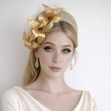 Load image into Gallery viewer, Gold Silk Abaca Lily Fascinator Headband – 4 Inch Wedding &amp; Races Hat