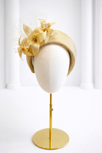 Load image into Gallery viewer, Gold Silk Abaca Lily Fascinator Headband – 4 Inch Wedding &amp; Races Hat