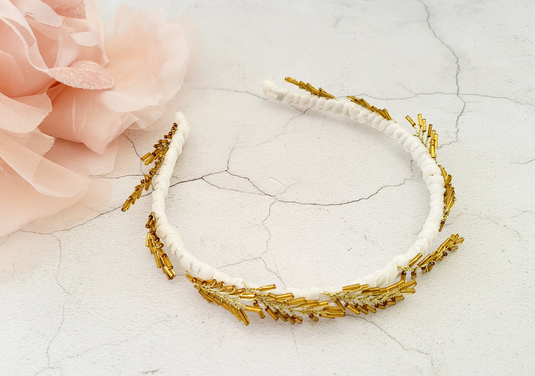 Gold Bead Leaf Headband, Ivory Velvet Embellished Headpiece, Wedding Outfit