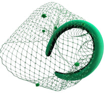 Load image into Gallery viewer, Green Satin Fascinator headband, with Dotty Blusher netting veiling,