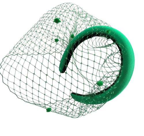 Green Satin Fascinator headband, with Dotty Blusher netting veiling,