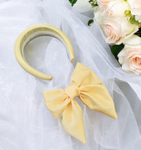 Load image into Gallery viewer, Yellow Bow Fascinator, Separate Headband, Duchess Satin, Races Headpiece