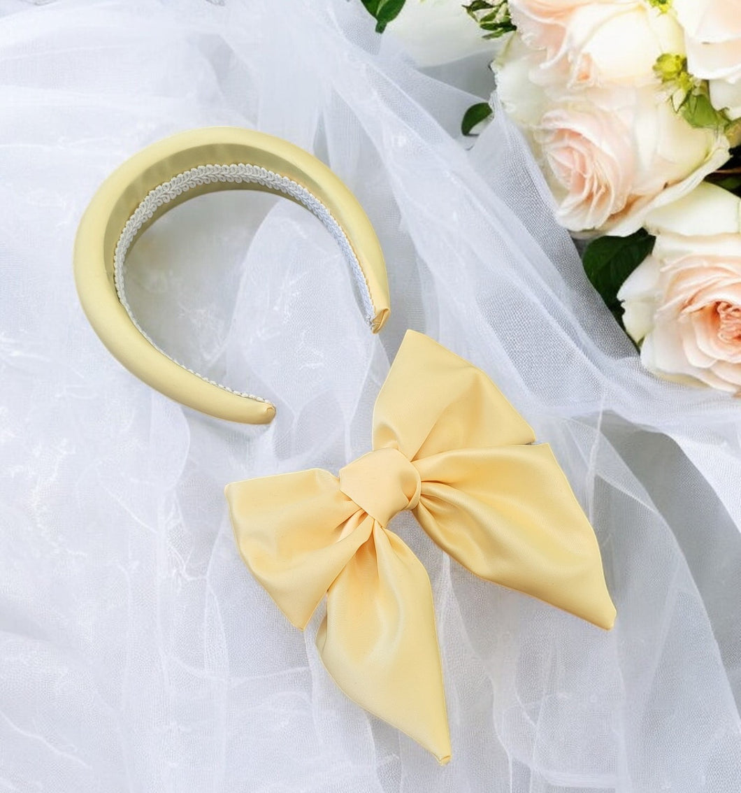 Yellow Bow Fascinator, Separate Headband, Duchess Satin, Races Headpiece