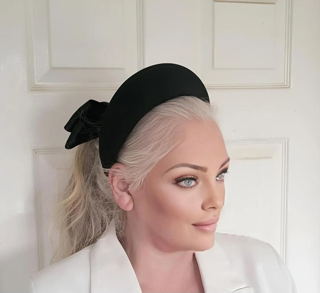 Black Headband Fascinator with Separate Large Satin Back Bow, 7cms wide headband