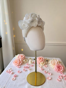 Ivory Sinamay Bandeau Fascinator Hat with Vintage Velvet Flower Vine – Races or Wedding Hat
