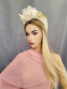 Ivory Halo Fascinator Headband, with Silk Organza flower Vine and Gold Beads