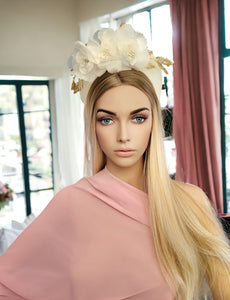 Ivory Halo Fascinator Headband, with Silk Organza flower Vine and Gold Beads