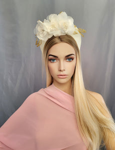 Ivory Halo Fascinator Headband, with Silk Organza flower Vine and Gold Beads