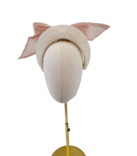 Pink Bow Headband Ivory Fascinator, on a Sinamay Halo Base, Back Bow