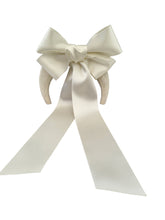 Load image into Gallery viewer, Ivory Satin Back Bow Headband Fascinator, on a Sinamay Halo Base, Sailor bow with Tails
