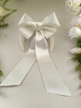 Load image into Gallery viewer, Ivory Satin Back Bow Headband Fascinator, on a Sinamay Halo Base, Sailor bow with Tails