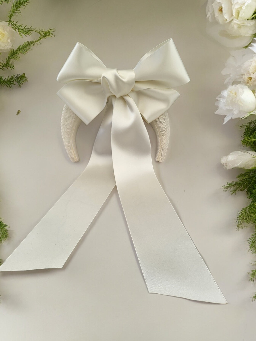 Ivory Satin Back Bow Headband Fascinator, on a Sinamay Halo Base, Sailor bow with Tails