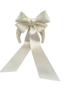 Ivory Satin Back Bow Headband Fascinator, on a Sinamay Halo Base, Sailor bow with Tails