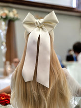 Load image into Gallery viewer, Ivory Satin Back Bow Headband Fascinator, on a Sinamay Halo Base, Sailor bow with Tails