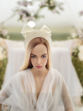 Load image into Gallery viewer, Ivory Satin Back Bow Headband Fascinator, on a Sinamay Halo Base, Sailor bow with Tails