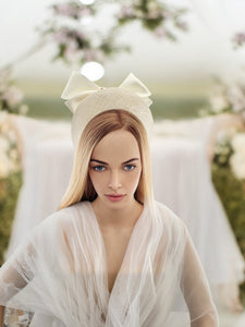 Ivory Satin Back Bow Headband Fascinator, on a Sinamay Halo Base, Sailor bow with Tails