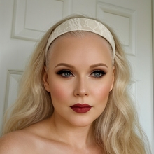 Load image into Gallery viewer, Dark Ivory Silk Satin Lace Headband, Bridal Wedding Headpiece, 4 cm wide