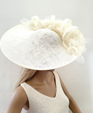 Load image into Gallery viewer, Large Ivory Percher Hat with Chiffon Flowers and beading