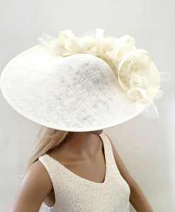 Large Ivory Percher Hat with Chiffon Flowers and beading