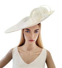 Load image into Gallery viewer, Large Ivory Percher Hat with Chiffon Flowers and beading