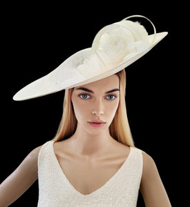 Large Ivory Percher Hat with Chiffon Flowers and beading
