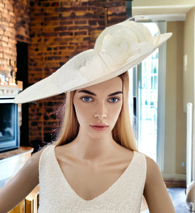 Large Ivory Percher Hat with Chiffon Flowers and beading