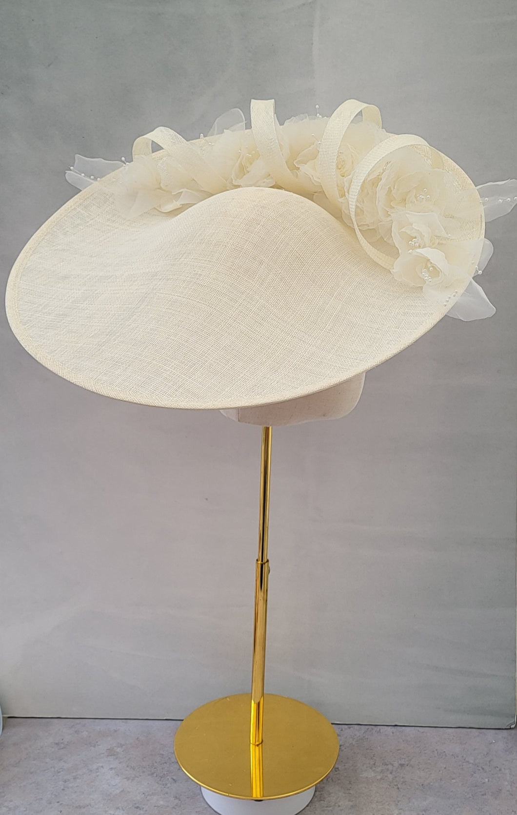 Large Ivory Percher Hat with Chiffon Flowers and beading