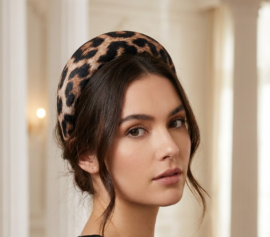 Leopard Print Velvet Padded Headband | Extra Wide Occasion  display picture 1