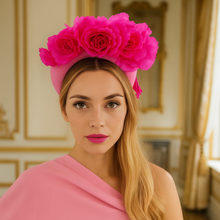 Load image into Gallery viewer, Magenta Pink Flower Headpiece Fascinator, Velvet high padded headband, mother of the bride, halo, crown, Ascot hat