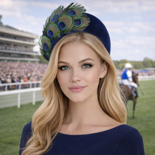 Load image into Gallery viewer, Navy Silk Velvet Headband Fascinator | Peacock Feather Headpiece "Kate"