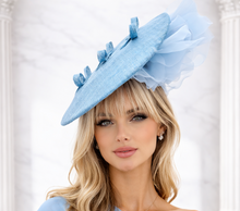 Load image into Gallery viewer, Pale Blue Silk Chiffon Flower Fascinator Hat, Sinamay Saucer Headpiece