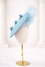 Load image into Gallery viewer, Pale Blue Silk Chiffon Flower Fascinator Hat, Sinamay Saucer Headpiece