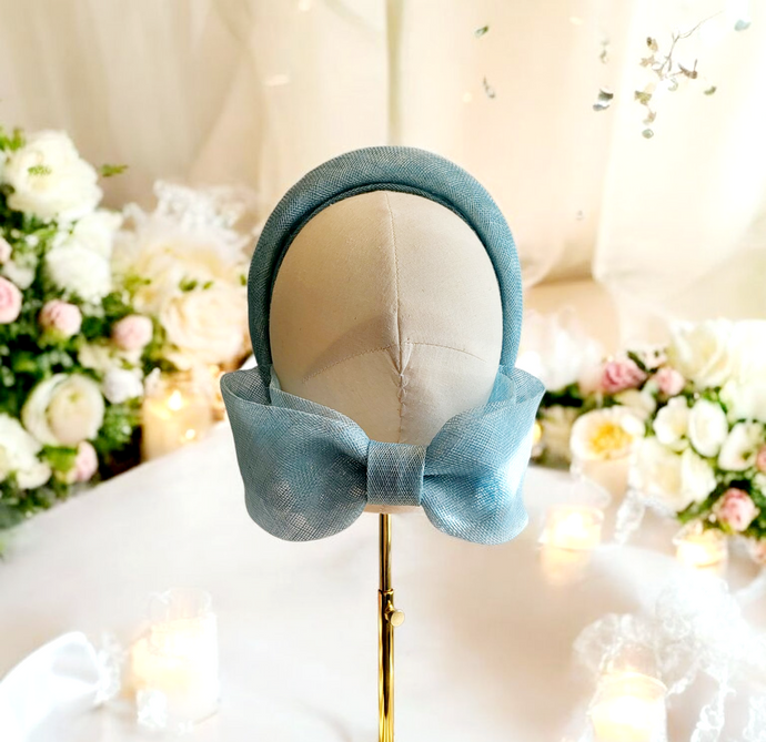 Pale Blue Bow Headband Fascinator, with Back Bow, 5.5 cms wide