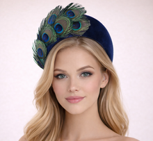 Load image into Gallery viewer, Navy Silk Velvet Headband Fascinator | Peacock Feather Headpiece "Kate"