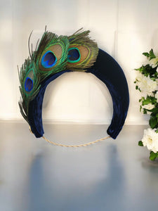 Navy Blue Halo Headband Fascinator, Peacock Feather Headpiece